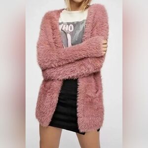 Free People Fuzzy Faux Fur Open Cardigan -Dusty Pink Size L, FREE Gift/Purchase!